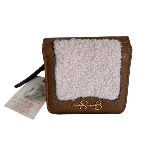 Brand New JESSICA SIMPSON Faux Lambs Wool Top Almond Tri-Fold Leather Wallet - Picture 1 of 7